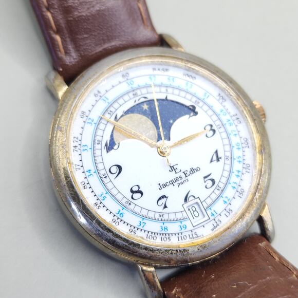 Jacques Edho Paris Quartz Watch Gold Hands Spiedel Moon phase - Picture 4 of 10
